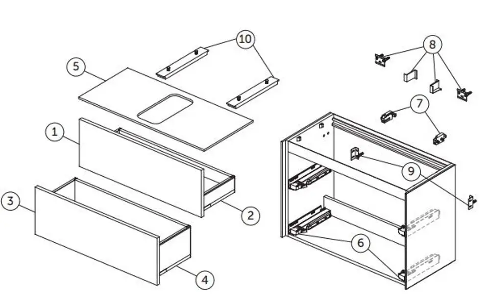 Montageanleitung für einen Waschtisch-Unterschrank von Ideal Standard, bestehend aus mehreren Bauteilen wie Schubladen, Schrank, wie abgebildet.